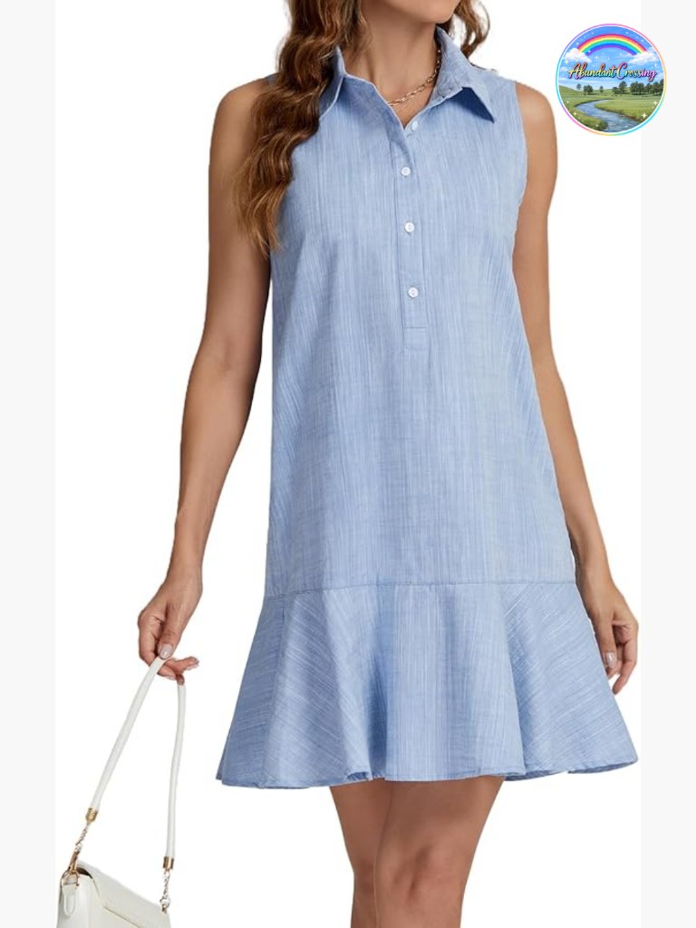 Sleeveless Button Up Swing Mini Shirt Dress With Ruffle Hem And Pockets